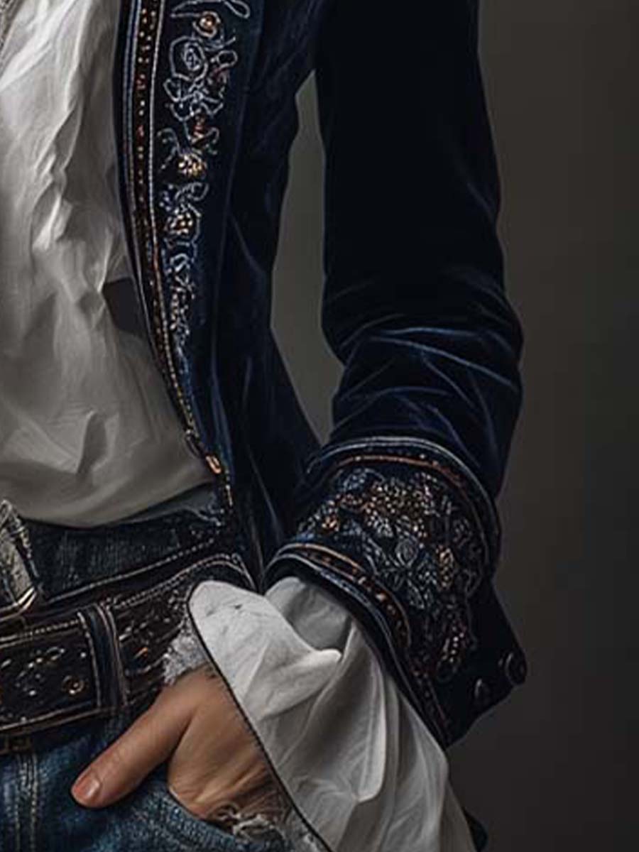 Athénaïs | Vintage Navy Blue Embroidered Long Jacket