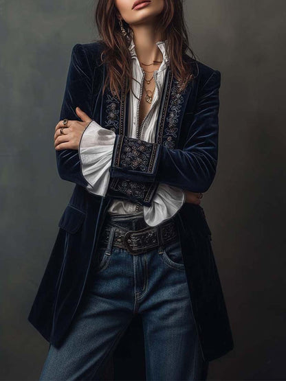 Athénaïs | Vintage Navy Blue Embroidered Long Jacket