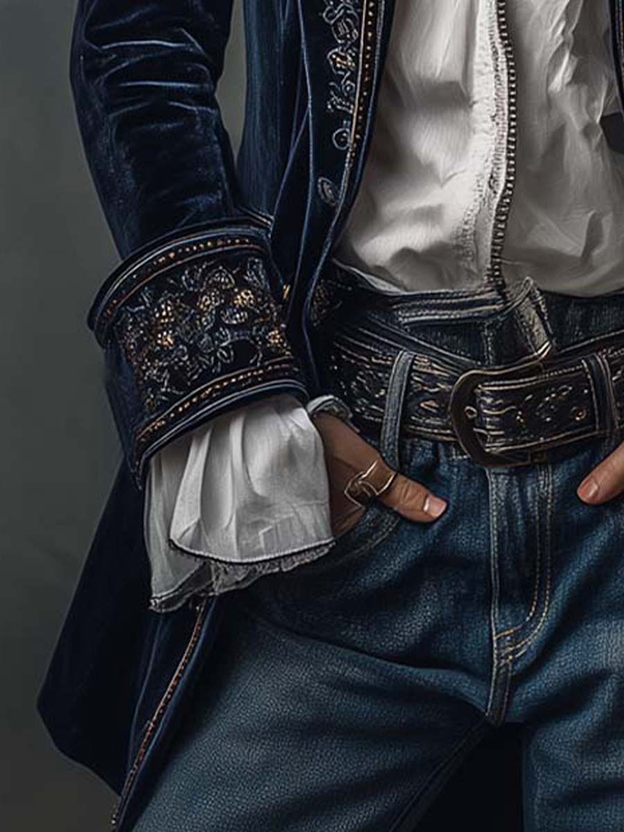Athénaïs | Vintage Navy Blue Embroidered Long Jacket